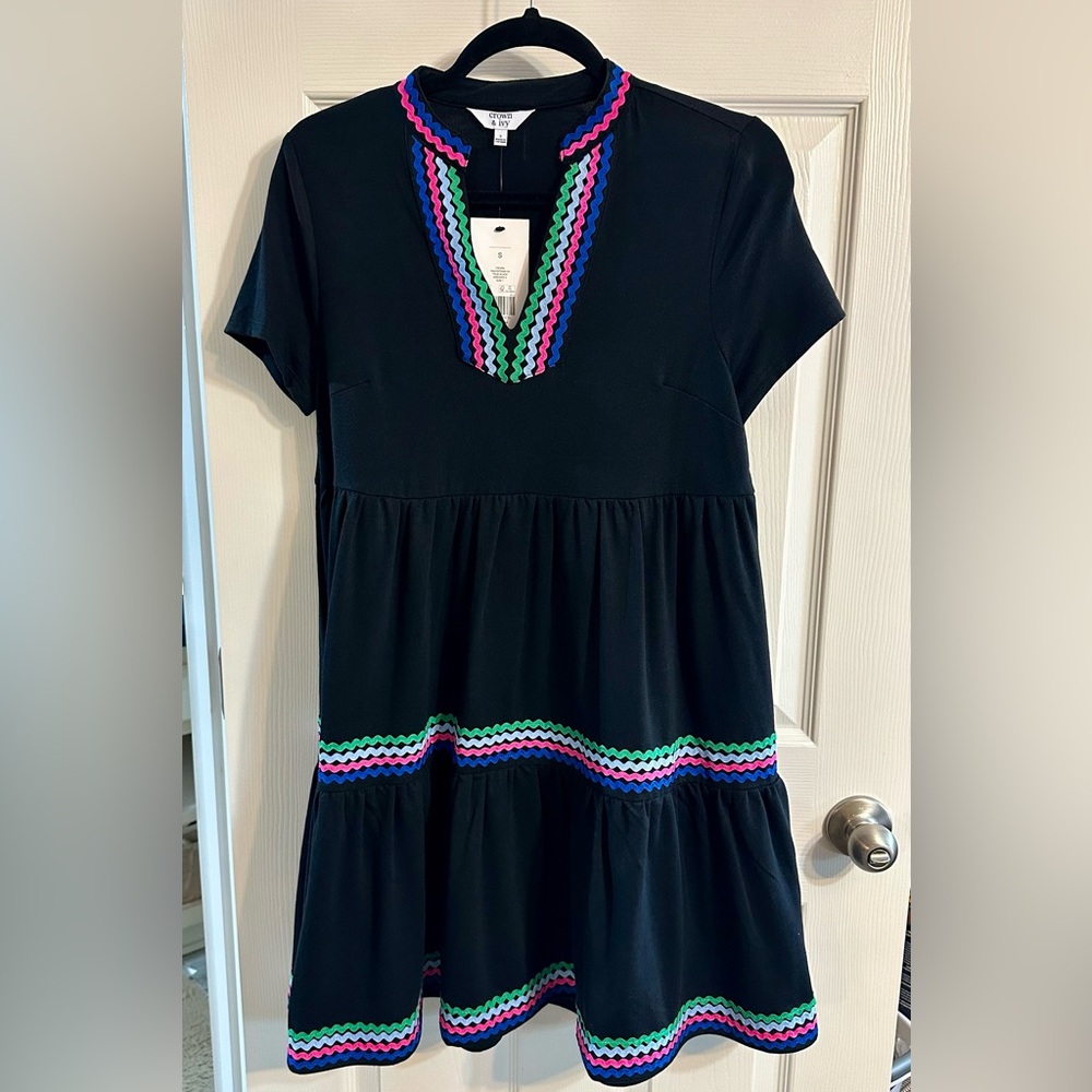 Crown & Ivy black dress with multicolor ribbon detail. Size small. nWT.